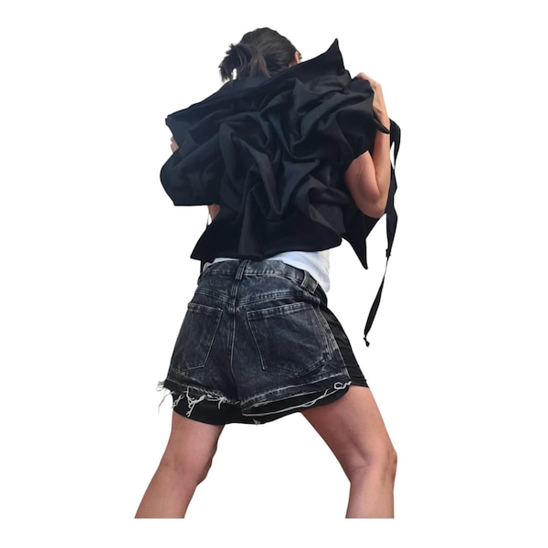 Black Denim Asymmetric Short Jacket, Women's Gothic Vest