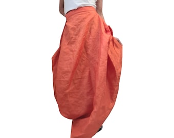 Falda bohemia de lino naranja, falda maxi asimétrica cruzada, ropa de verano holgada y de gran tamaño.