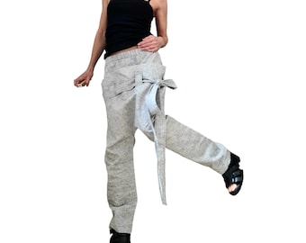 Linen Wide Leg Pants Women, Harem Loose Fit Trousers, Low High Waist Pants