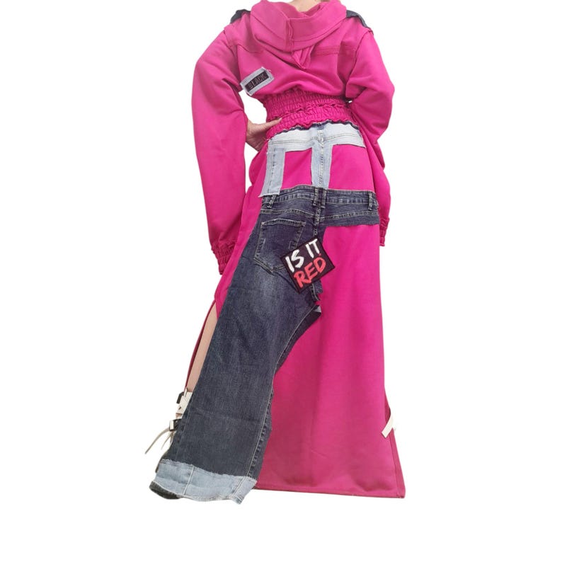 Long Cotton Skirt Switcher Set, Fuchsia Pink Handmade Outfit with Denim Elements, Asymmetrical Long Skirt Long Sleeve Top, Avant-Garde Set image 5