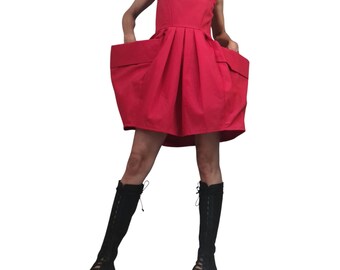 Robe asymétrique rouge, coupe ample en coton, grande taille sans manches, poche extravagante
