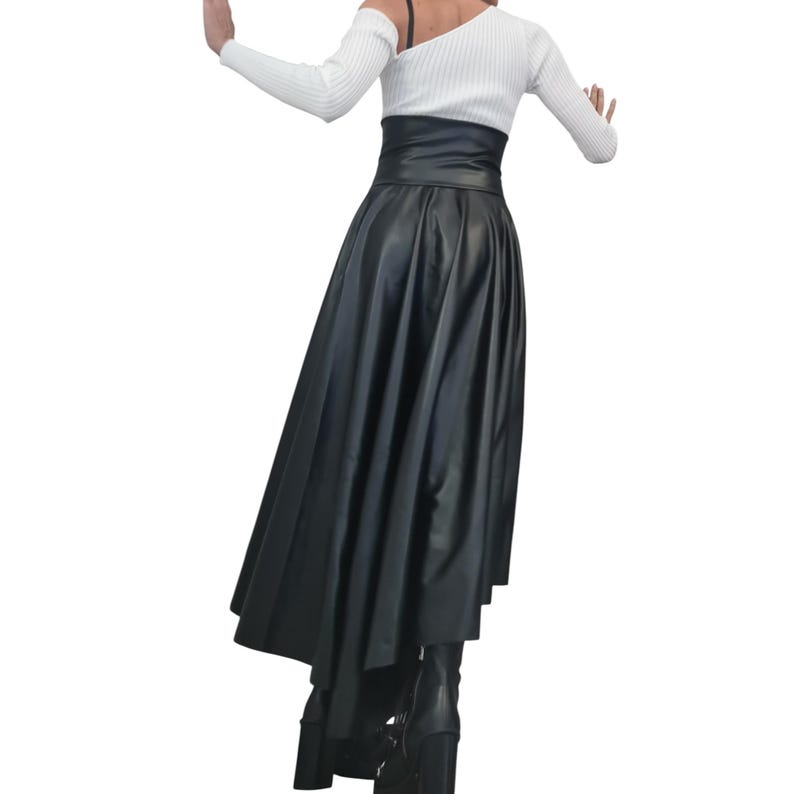 Eco Leather High Waist Asymmetric Skirt, Extravagant Black Gothic Skirt image 10
