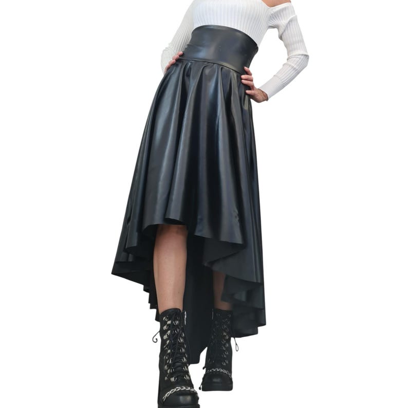 Eco Leather High Waist Asymmetric Skirt, Extravagant Black Gothic Skirt image 5