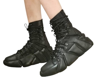 Black Genuine Leather Ankle Sneakers, Extravagant Design, Gothic Boots
