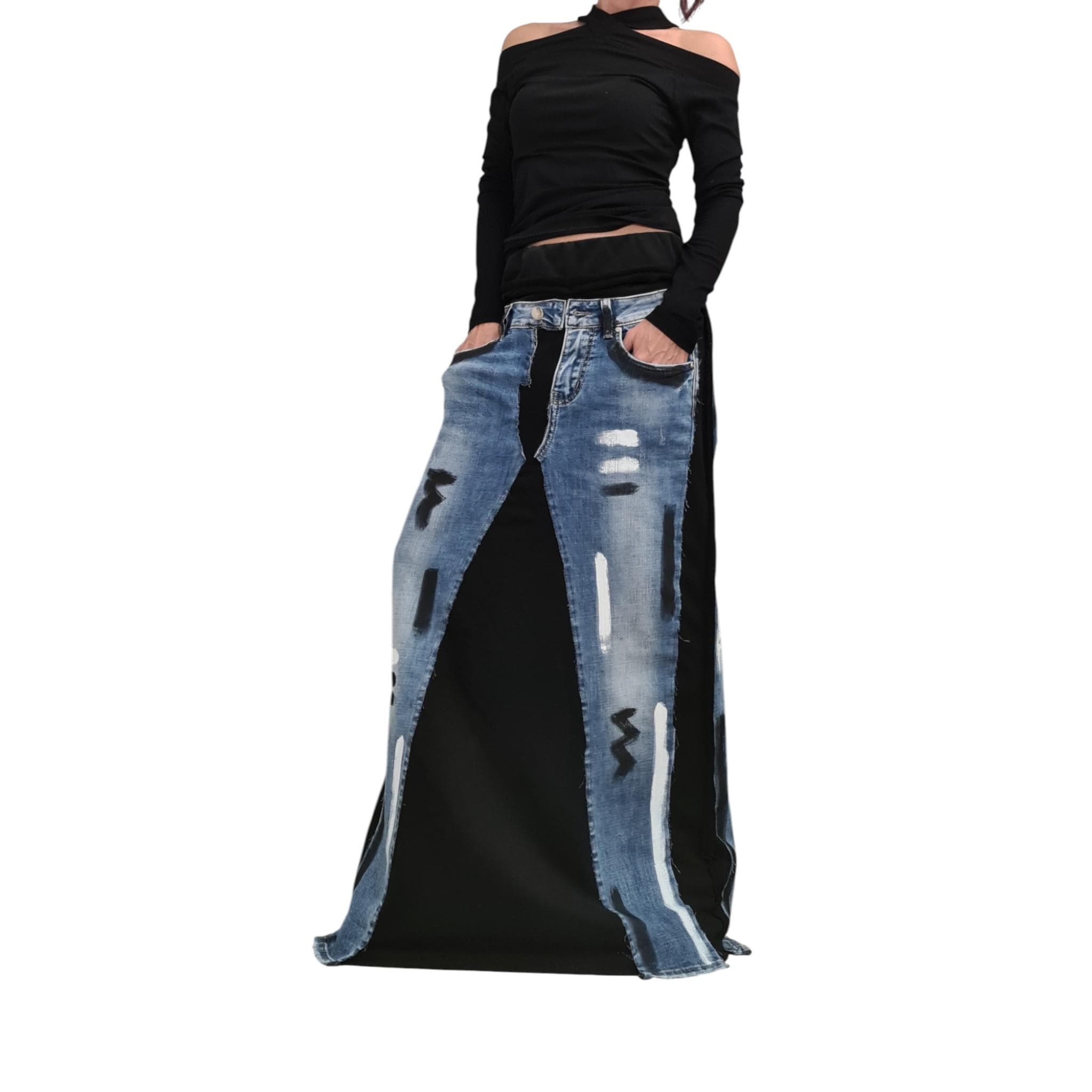 Deconstructed Avant-Garde Maxi Skirt, Cotton Denim Skirt with Pockets, Artistic Long A-Line Skirt, Outside Seam