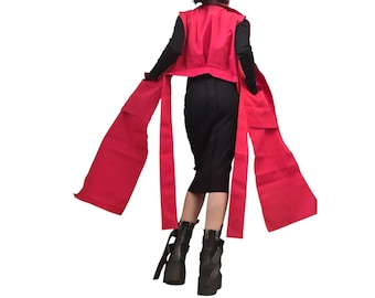 Red Asymmetric Vest, Sleeveless Maxi Vest