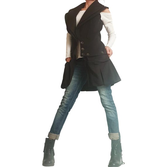 Winter Wool Vest, Extravagant Black Vest, Asymmetric Vest, Black Coat Vest, Women Vest, Gothic Coat, Sleeveless Wool Vest, Plus Size