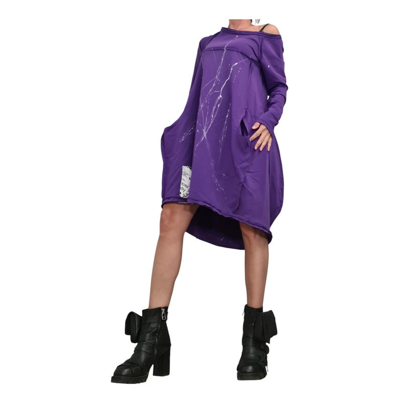 Dark Purple French Terry One Shoulder Dress for Women, Plus Size Tunic image 11