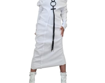 Weißes Asymmetrisches Baumwollkleid, Kleidung in Übergröße, lange Ärmel