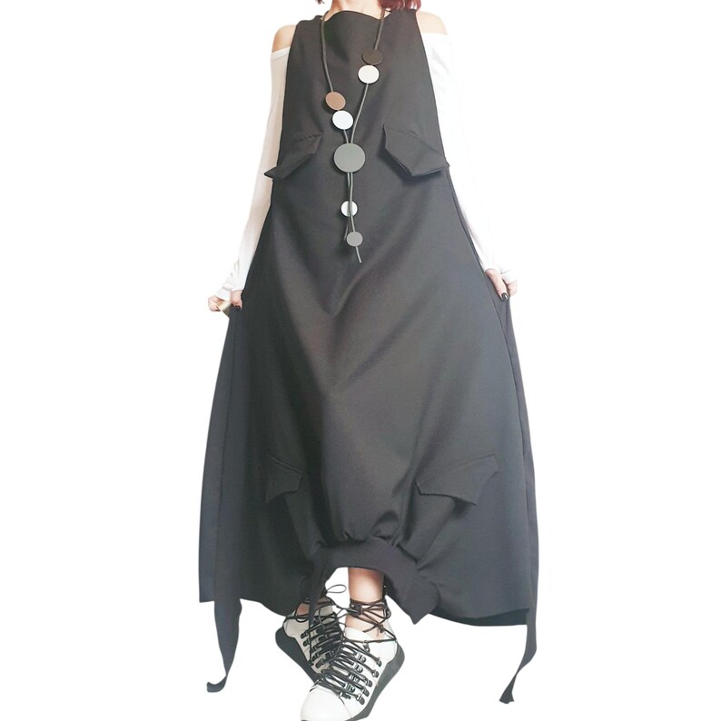 Black Gothic Dress, Asymmetric Cargo Design, Plus Size Kaftan image 8