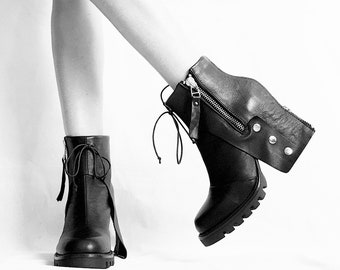 High Heel Punk Boots, Extravagant Shoes, Black Heeled Shoes, Leather Ankle Boots, Steampunk Shoes, Gothic Booties, Women Shoes 41, Shoes 40