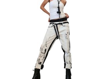 Avant Garde Denim Harem Pants, Extravagant Women's Casual Trousers