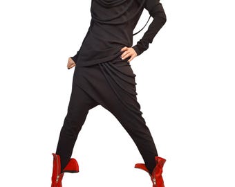 Black Harem Pants Set - Women's Unique Casual Outfit with Rope Detail
