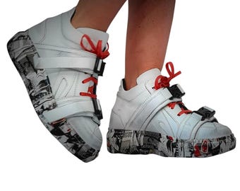 Zapatillas blancas de cuero, zapatillas estilo grunge, zapatos de mujer con suela de color
