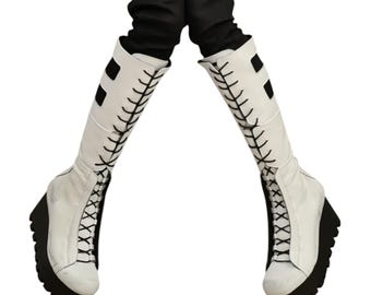 Strappy White Leather Gladiator Boots, High Platform Wedding Women Footwear