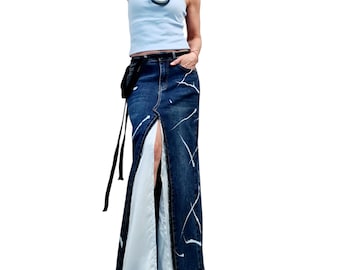 Asymmetric Denim Skirt Maxi Length Blue Satin Panel High Waist Avant Garde Clothing