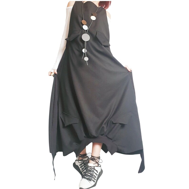 Black Gothic Dress, Asymmetric Cargo Design, Plus Size Kaftan image 13