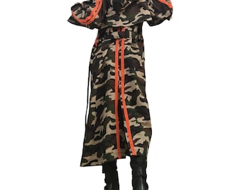 Camouflage Two-Piece Set, Cropped Hooded Jacket, Belted Maxi Vest, Orange Stripes