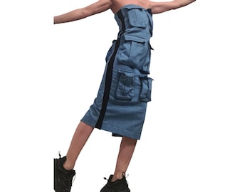Denim Pencil Dress, Avant Garde Style, Outer Pocket Detail, Cargo Dress for Women