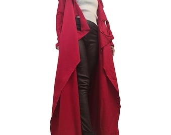 Maxi Hooded Red Vest, Women Cotton Cardigan, Plus Size Clothing