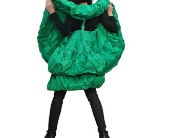 Green Avant Garde Winter Vest Cocoon Draped Sleeveless Jacket Extravagant Plus Size Women’s Clothing