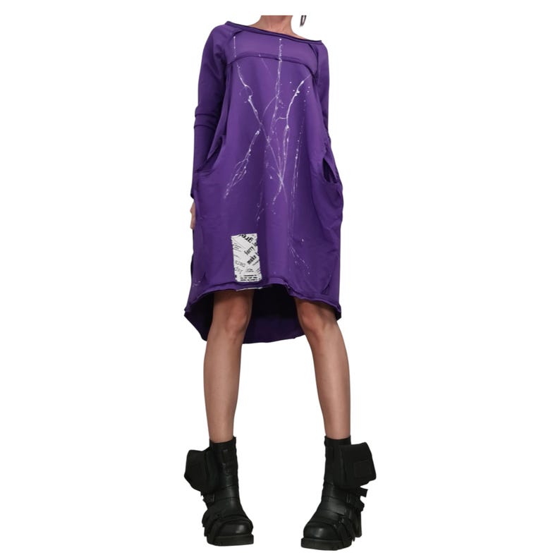 Dark Purple French Terry One Shoulder Dress for Women, Plus Size Tunic image 8