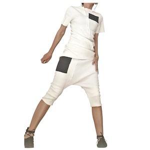 Women’s White Cotton French Terry Co-Ord Set, Asymmetrical Blouse, Cropped Harem Pants