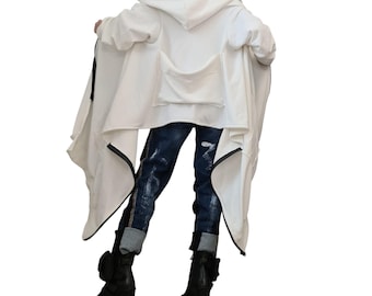 White Asymmetric Hooded Sweatshirt, Oversized Cotton Jacket, Longline Zip Up Hoodie