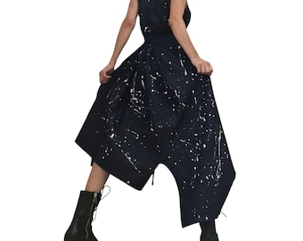 Vestido vaquero asimétrico, estampado de salpicaduras de pintura en aerosol, tallas grandes, estilo vanguardista, sin mangas, atuendo extravagante para mujer