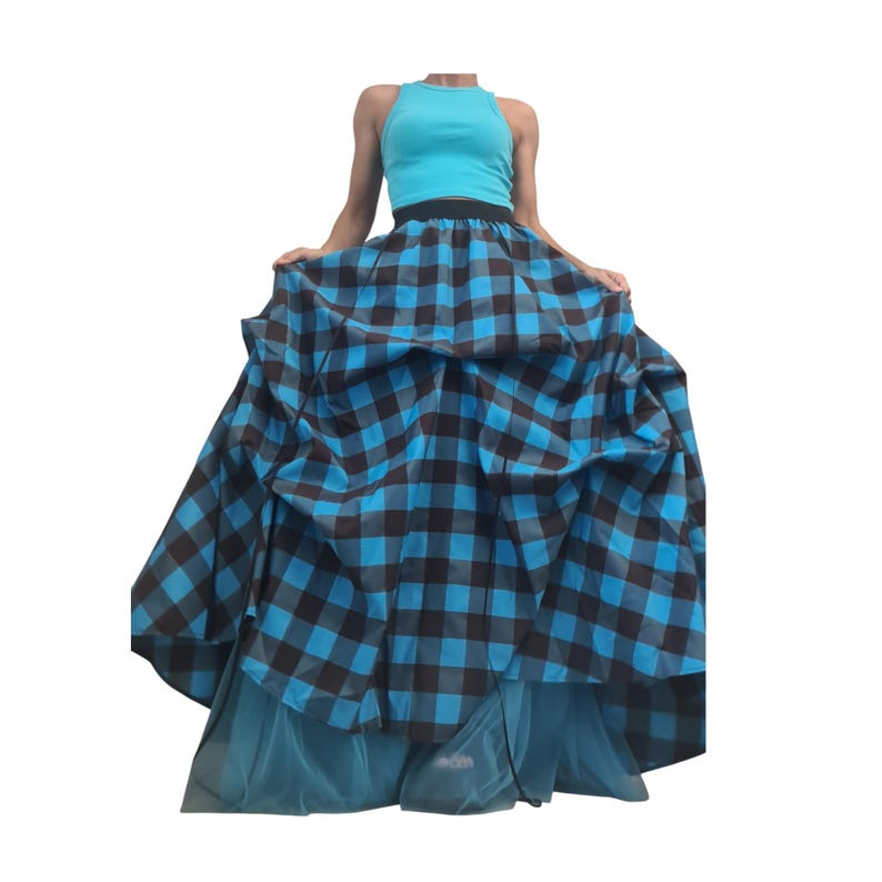 Tulle Asymmetric Skirt, Turquoise Blue Brown Plaid Ball, Long Short Skirt image 12