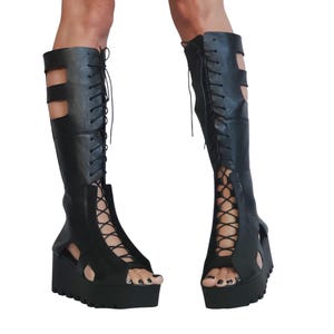 Black Leather Gladiator Knee High Platform Wedge Sandals for Women Gothic Style, Open Toe