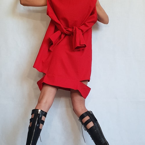 Extravagant Linen Dress, Red Asymmetric Dress Tunic, Plus Size Clothing, Avant Garde shops Dress, Linen Clothing