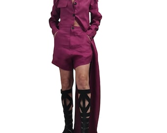Conjunto de lino magenta, camisa asimétrica, shorts harem, ropa de verano bohemia de dos piezas.