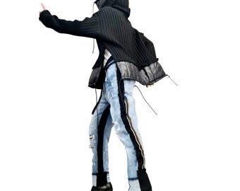 Tunique noire asymétrique oversize, haut en tissu mixte, vêtement superposé avant-gardiste, coupe ample