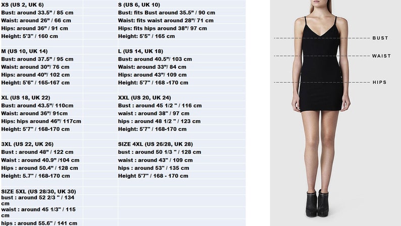 May include: A woman in a black mini dress with spaghetti straps, showcasing bust, waist, and hip measurements. Size charts in inches and centimeters are displayed, detailing bust, waist, and hip sizes for various sizes, from XS to 5XL.