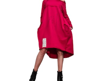 Robe tunique sweat-shirt oversize en coton rouge pour femme, ballon asymétrique