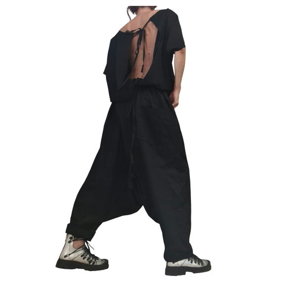 Black Gothic Harem Jumpsuit, Loose Drop Crotch Overall, Open Back
