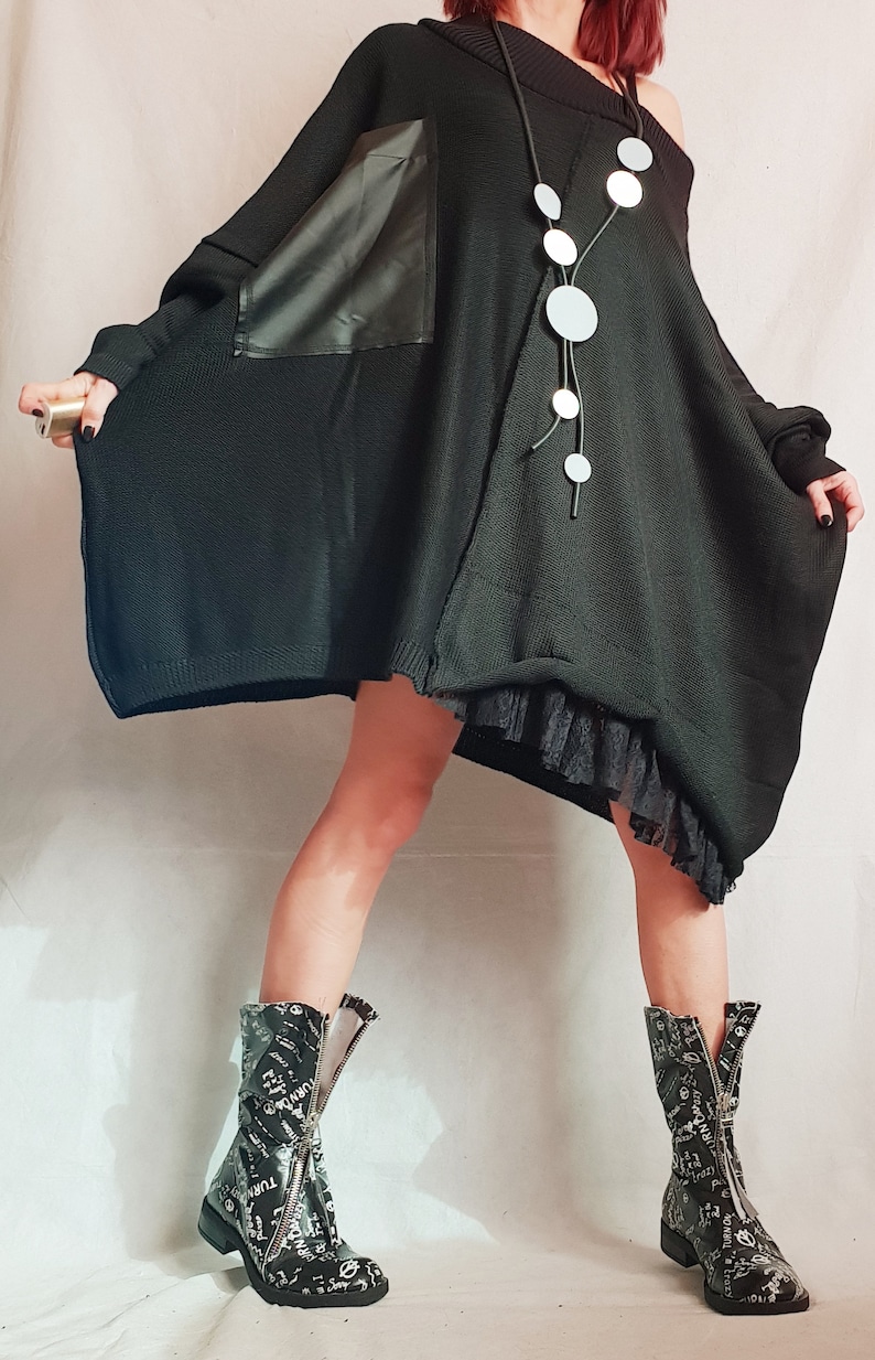 Black Asymmetrical Knitted Tunic, Oversized Long Sleeve Sweater, Plus Size Top image 13