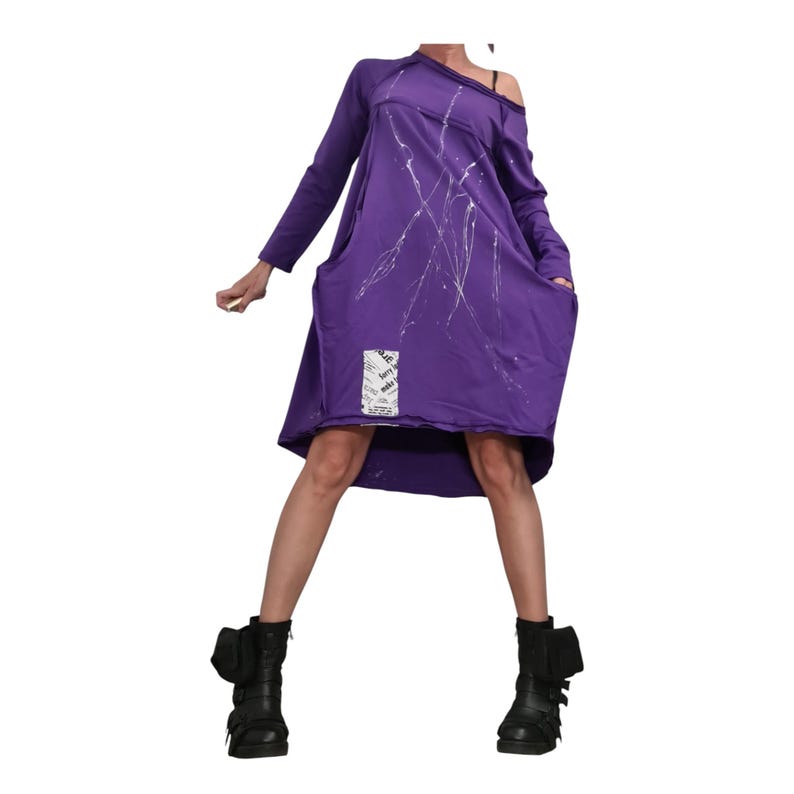 Dark Purple French Terry One Shoulder Dress for Women, Plus Size Tunic image 10