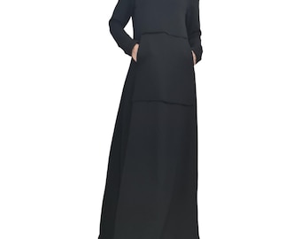 Plus Size Hooded Cotton Dress, Black, Long Sleeve (XS-5XL)