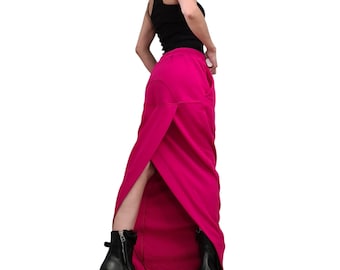 Extravagant Cotton A-Line Skirt, Long Slit Gothic Asymmetric Style
