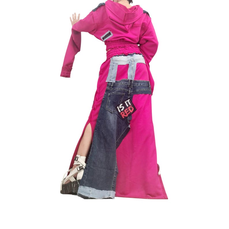 Long Cotton Skirt Switcher Set, Fuchsia Pink Handmade Outfit with Denim Elements, Asymmetrical Long Skirt Long Sleeve Top, Avant-Garde Set image 6