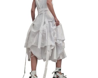 White Linen Midi Dress, Sleeveless Asymmetric Dress for Women, Oversized Summer Clothing