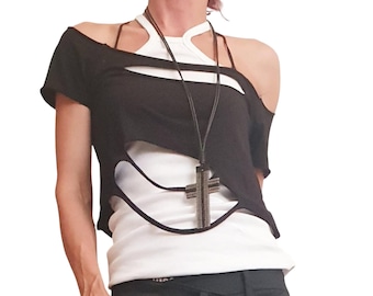 Deconstructed Top, Set Black Blouse & White Top, Extravagant Top, Futuristic Clothing, Gothic Tunic, One Shoulder Top