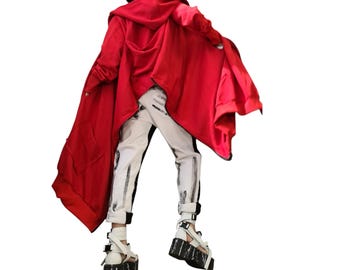 Red Hooded Cotton Asymmetric Sweatshirt, Short Long Extravagant Women Vest
