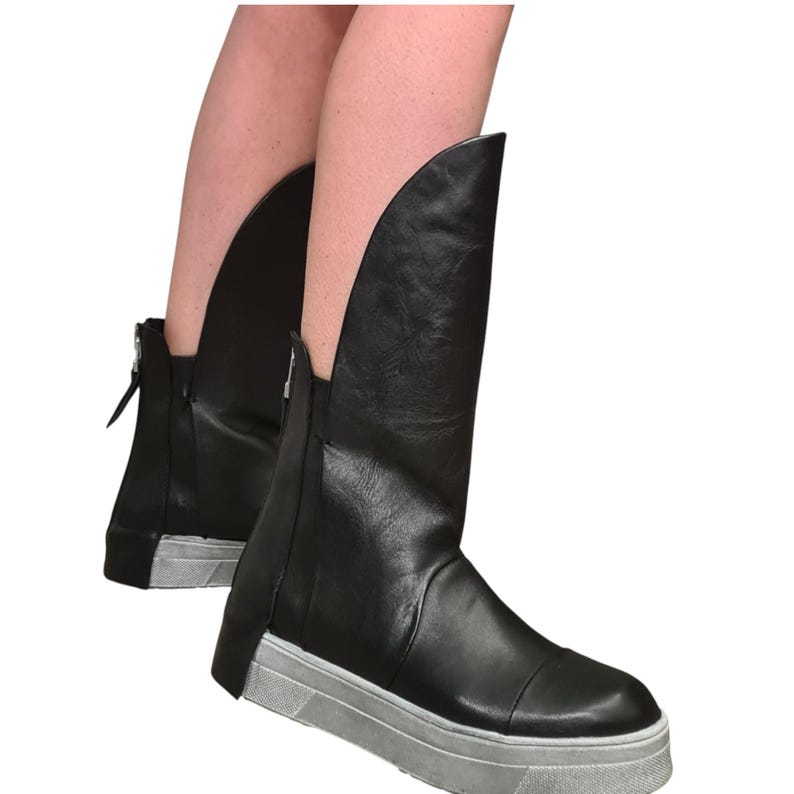 Black Leather Platform Sneakers for Women, Avant Garde High Tongue Boots with Back Zipper image 12