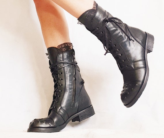 atom vente Morgenøvelser Rocker Boots Women Black Boots Leather Boots Platform - Etsy
