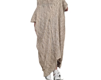 Beige Asymmetric Knitted Tunic, Oversized Open Shoulder Sweater, Plus Size Dress