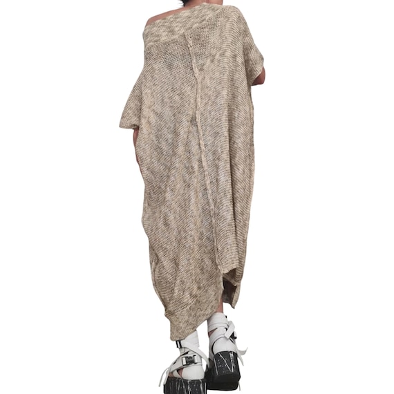Knitted Asymmetric Tunic Dress, Oversized Bare Shoulder Blouse