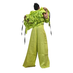 Lime Green Linen Asymmetric Short Jacket Sleeveless Gathered Womens Avant Garde Clothing